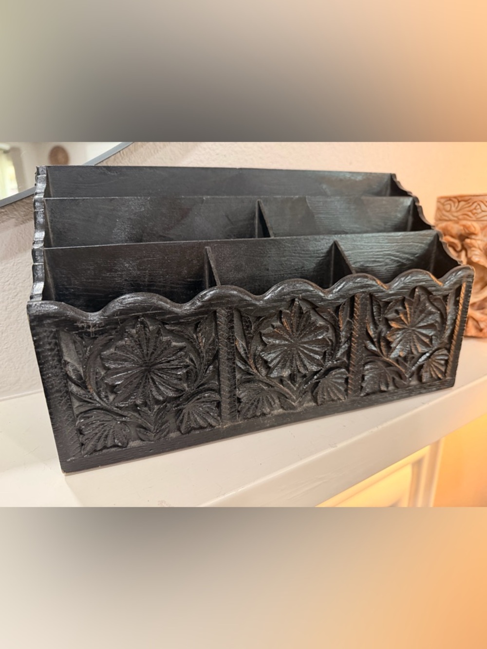 Vintage Black Mail Organizer Desk Sorter Carved Look